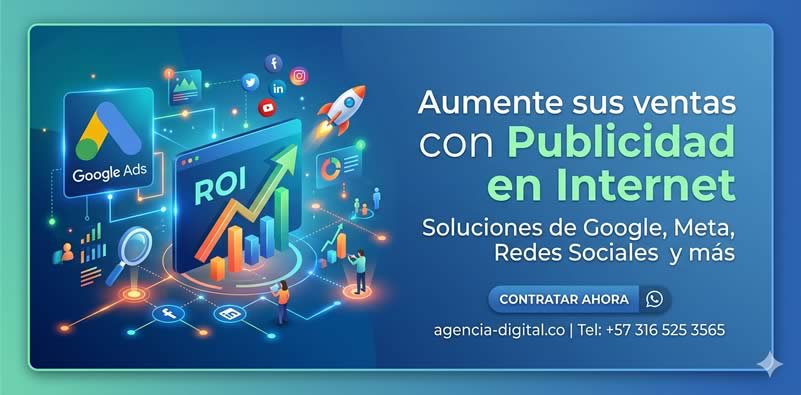 Infografía de publicidad en internet con logos de Google Ads y Meta mostrando crecimiento de ROI para empresas - Agencia Digital